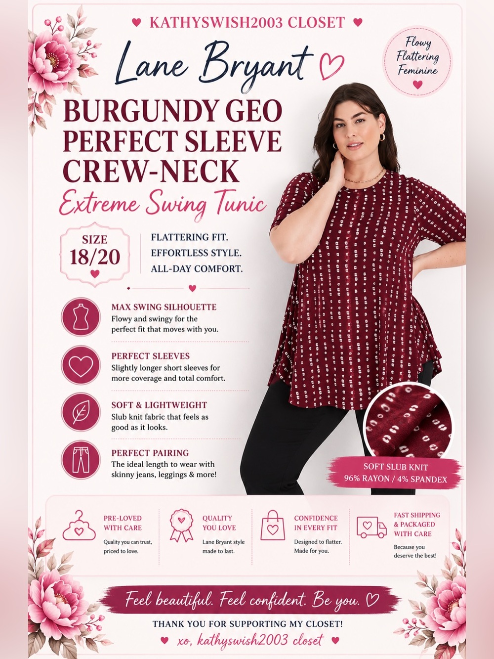 Lane Bryant Burgundy Geo Perfect Sleeve Crew-Neck Extreme Swing Tunic Si…